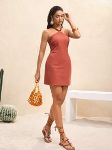 BY FELIZIA Women's Brown Solid Beaded Camisole Summer Mini Dress Vacation Sundress - Brown - View 3