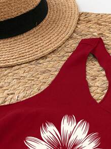 EMERY ROSE 女士休闲简约雏菊图案印花吊带背心，夏季 - 酒紅色 - 查看 4