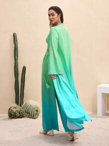 BY FELIZIA Blue Green Gradient Summer Printed Flared Long Sleeve High Slit Kimono Beachwear Maxi Kimono Vacation Swimsuit With Cover Up Bathing Suit With Cover Up Bathing Suits Cover Up Beach For Woman Swim Suits With Cover Up - Multicolor - View 2
