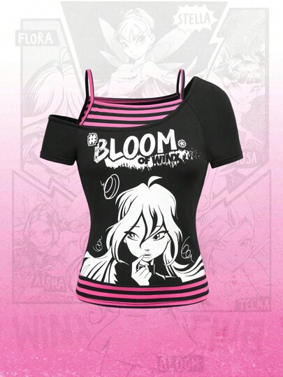 Winx Club X ROMWE Camiseta gráfica con cuello asimétrico de dibujos animados para mujer