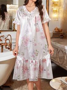 仿丝花卉印花蝴蝶结装饰 V 领荷叶边下摆睡裙娃娃装女士奢华家居服 - 粉色 - 查看 4