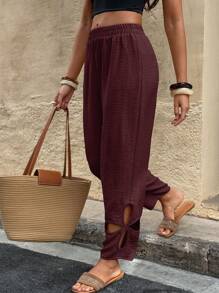 LanaWest Women's Bohemian Linen Vacation Style Loose Pants - Burgundy - View 4
