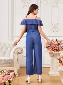 Casual Ruffled Strap Wide Leg Jumpsuit With Cropped Pants, For Teenage Girls Office Commute - Blue - View 2