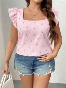 SHEIN Unity Plus Size Women Striped Bowknot Print Square Collar Ruffle Sleeve Blouse - Pink - View 4