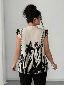 Elenzga Áo sơ mi tay ngắn in hoa cổ bèo nhún cỡ lớn cho nữ, thanh lịch - Màu be - Xem 2