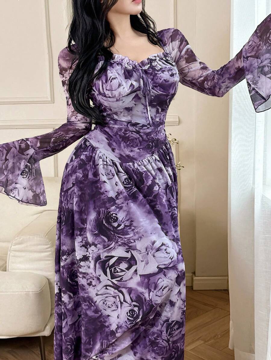 Modelyn 女士花卉印花甜心领喇叭袖优雅连衣裙 - 紫色 - 查看 1