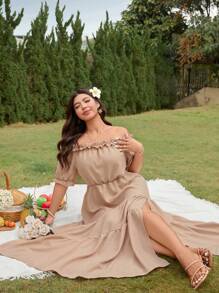 Breezaya Holidaya LUNE Women's Short Sleeve Dress With Ruffle Ruffle And Cinched Waist Detail Maxi Women Outfit - Apricot - View 5