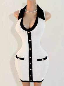 Mistrie 黑白收腰女式毛衣裙，撞色领口迷你针织毛衣裙，休闲性感春夏女装，满足基本旅行需求 - 黑與白 - 查看 4