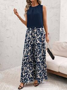 SHEIN Clasi Summer Elegant Women's Black Collar Pleated Vest And Elastic Floral Print Pants Two Pieces Set, Suitable For Wearing In Various Occasions, Summer Sets