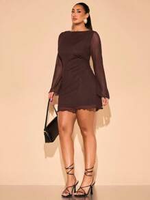 SHEIN BAE Váy mùa hè thường ngày cỡ lớn dành cho nữ, thích hợp mặc hàng ngày, đi làm, đi chơi, hẹn hò, trà chiều, kỳ nghỉ, váy trang trọng dành cho phụ nữ - Cà phê nâu - Xem 5