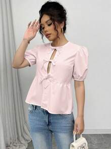 Chiquease Camisa corta de verano para mujer de unicolor con mangas abullonadas y lazo - Rosa Pálido - Ver 4