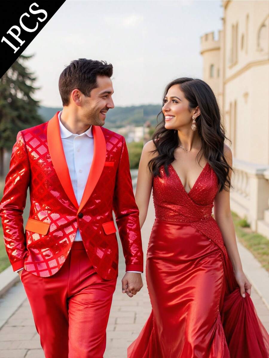 Manfinity AFTRDRK Men's Sequin Decorated Jacket & Trouser Suit Set, Minimalist & Fashionable, Suitable For Summer Men Party Outfit Prom Suits For Men Prom Suit For Men Outfit Sets Men Men Club Outfit - Red - View 1