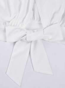 SOLERSUN 大码女式春夏纯色宽松后开衩系带短款度假衬衫、宽松上衣、度假上衣 - 白色 - 查看 7