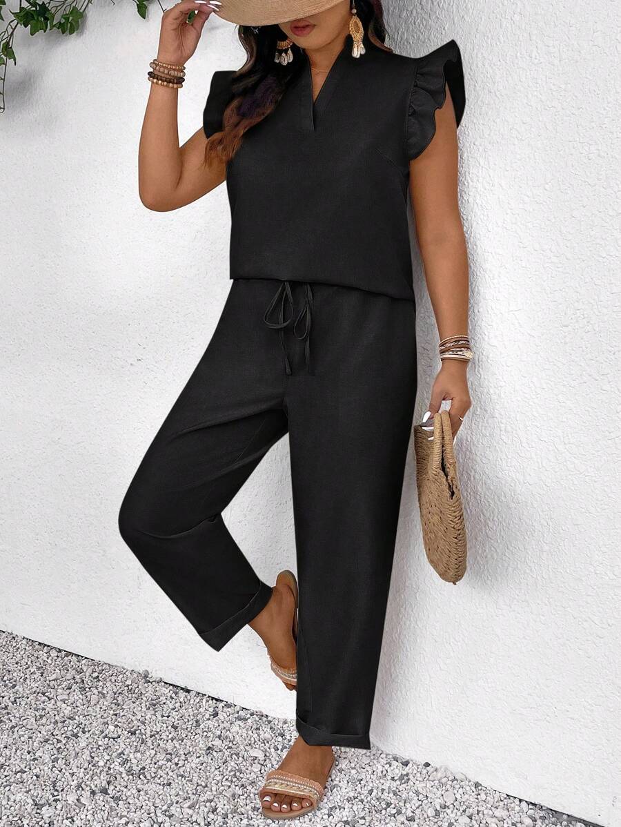 SHEIN Frenchy Plus Size Leisure Solid Color Cap Sleeve Shirt And Pants 2 Pieces Set - Black - View 1