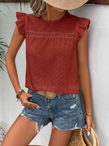 SHEIN Frenchy Eyelet Embroidery Ruffle Trim Round Neck Lace Trimmed Tee Christmas Summer New Year Red Casual Valentine's Day - Red - View 5