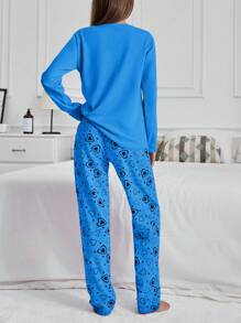 RueChic 100% Cotton 2Pcs  Contrast Colour Heart Printed PJ Set - Blue - View 2