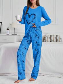 RueChic 100% Cotton 2Pcs  Contrast Colour Heart Printed PJ Set - Blue - View 4