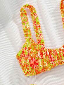 SHEIN Swim 热带植物印花双面褶饰性感女士比基尼两件套 - 橘色 - 查看 4