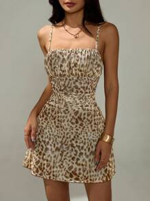 SHEIN PETITE Sexy Spaghetti Strap Leopard Print Mesh Slip Dress - Multicolor - View 6