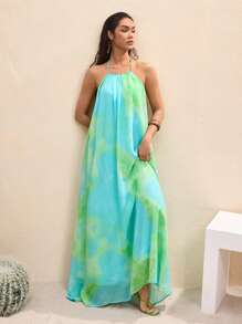 BY FELIZIA 蓝绿色夏季雪纺印花串珠露背性感长裙海边度假派对连衣裙 - 彩色 - 查看 4