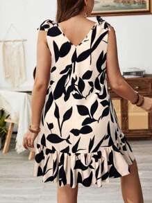 SHEIN LUNE Vestido corto de verano con cuello en V, sin mangas, con dobladillo con volantes y estampado de plantas, con decoración de lazo en los hombros, talla grande
