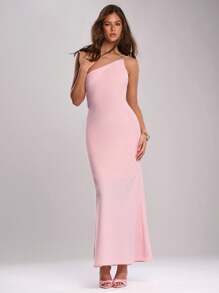 SHEIN BAE Spring Women Romantic Party Dress With Pearl Chain Trim, Asymmetric Neck Backless Fitted Fishtail Satin Dress - Pink - View 5