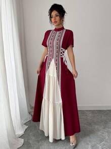 Rafferiza Women's Elegant Patchwork Floral Belted Waist Cinch Midi Dress - Burgundy - View 6