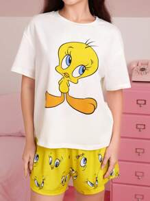 LOONEY TUNES X SHEIN 女士可爱崔弟鸟印花短袖上衣和短裤睡衣套装，夏季休闲