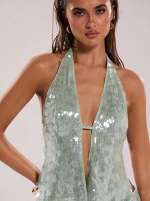 SHEIN BAE 女士夏季性感华丽薄荷绿亮片波西米亚风海滩度假演唱会露背夏季上衣，俱乐部女士性感上衣 - 綠色 - 查看 6