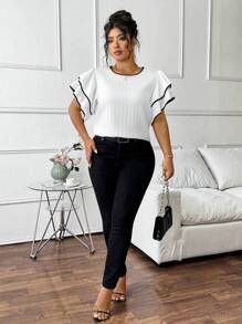 Elenzga Plus Size Black & White Contrasting Ruffle Trim Short Sleeve Blouse - White - View 3