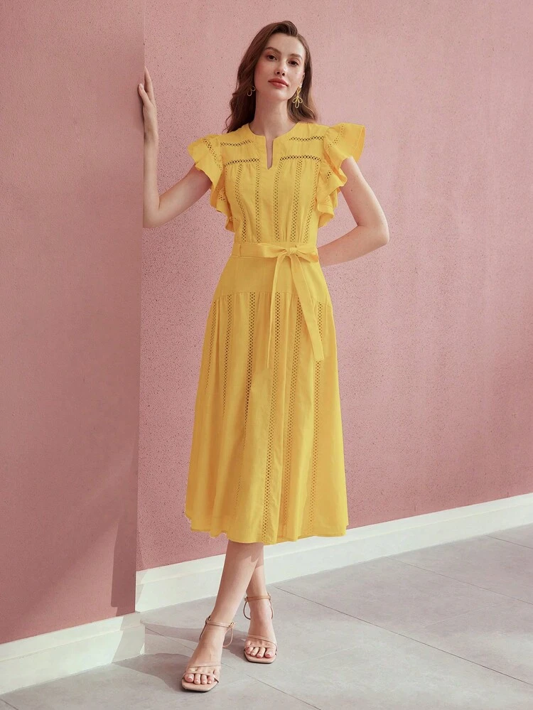 BELTED RUFFLE NOTCHED DRESS