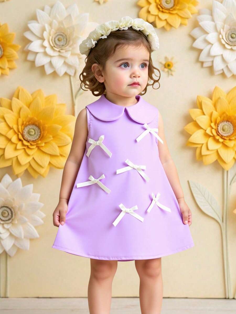 SHEIN Baby Girl White Summer Cute Bachelorette Birthday Bows Dress Sleeveless A-Line Dress With Lapel Comfortable,Fashionable,Formal Wedding Wear,Sweet - Purple - View 1