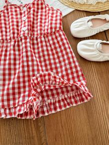 SHEIN Babygirl 可爱红色格子吊带背心连体衣，休闲夏季 - 紅白色 - 查看 5