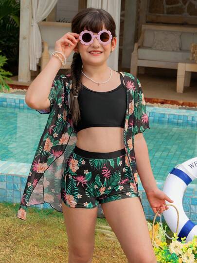 SHEIN Conjunto de traje de baño para niñas preadolescentes: Top de malla de manga corta, top de cami de unicolor y Bottom de baño