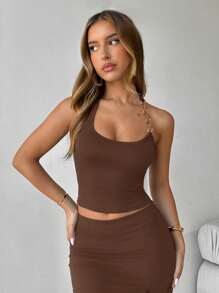 Aloruh Summer Sexy Chain Decor Backless Halter Top,Rave Top