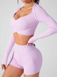 SHEIN Sovereign Charm Women Minimalist Solid Color Cropped Top And Flared Pants Sports Suit - Pink - View 5