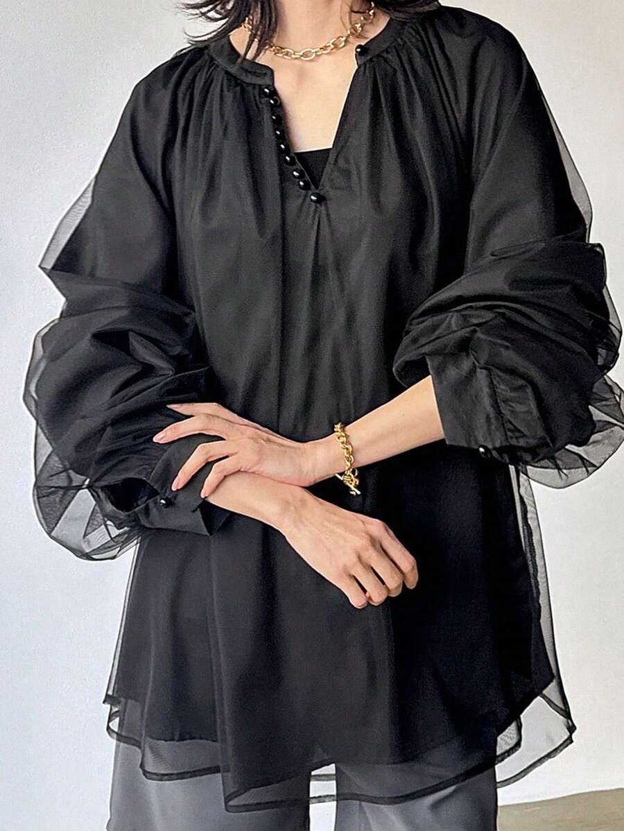 FRIFUL Blusa negra holgada con capa de malla, top de verano 2 en 1, blusa de manga larga con volantes - Negro - Ver 1