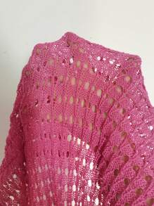 Swim Lushoire V-Neck Knit Plain Textured Drawstring Waist Short Sleeve Cover-Up - Red Violet - View 4