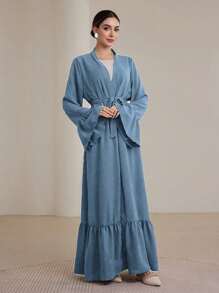 Graceveil 女士纯色长袖简约百褶宽松阿拉伯长袍，端庄长袍 - 藍色 - 查看 4