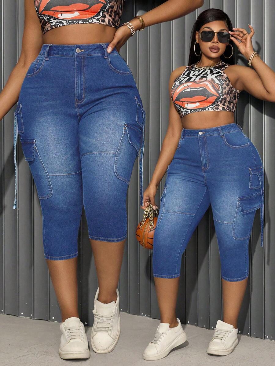 SHEIN SXY Plus Size Women Elastic Denim Blue Retro Fashion Pocket Skinny Jeans - Medium Wash - View 1