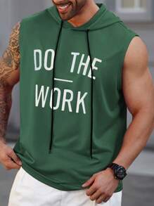 Manfinity Homme Plus Size Men's Slogan Printed Drawstring Casual Hooded Tank Top - Green - View 7