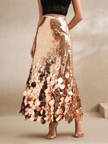 Anewsta Women's Solid Color Fancy Sequin Mermaid Hem Skirt - Champagne - View 4