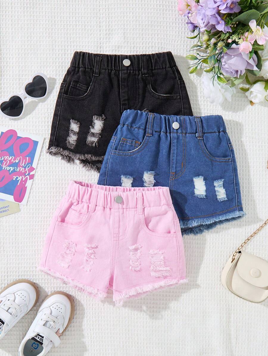 SHEIN Vintaside Kids 女婴纯色破洞下摆口袋休闲牛仔短裤 - 彩色 - 查看 1