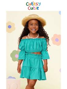 Conjunto de 2 piezas para niña joven con top de hombros descubiertos de manga abullonada y falda mini en color sólido