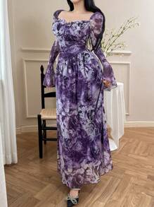 Modelyn 女士花卉印花甜心领喇叭袖优雅连衣裙 - 紫色 - 查看 6