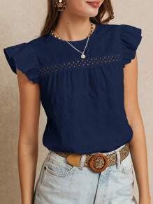 Poéselle Summer Vacation Wedding Season, Excellent Ruffle Trim Solid Color Blouse, Cute Top, Elegant , Boho Chic, Casual Style, Essential, - Navy Blue - View 2