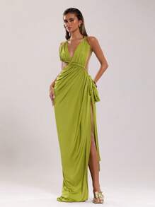 SHEIN BAE 女式夏季简约褶皱开衩露背连衣裙 - 綠色 - 查看 1