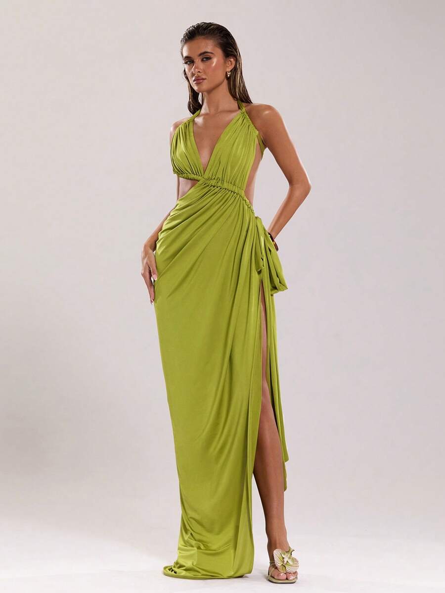 SHEIN BAE 女式夏季简约褶皱开衩露背连衣裙 - 綠色 - 查看 1