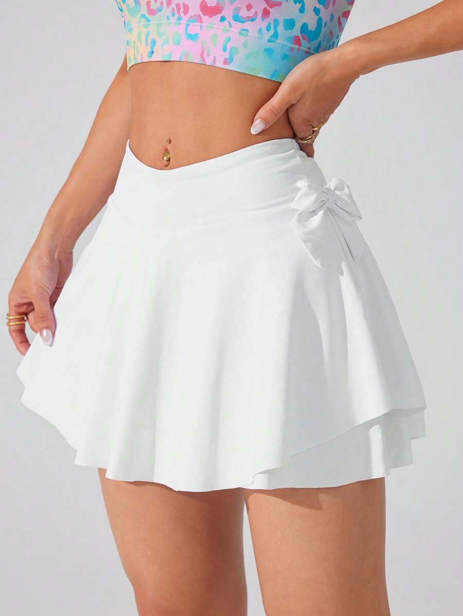 CourtClass Women's Summer Solid Color Bowknot Decor Pocket Design Sport Mini Skirt - White - View 1