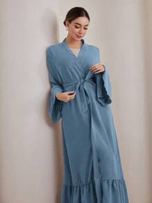 Graceveil 女士纯色长袖简约百褶宽松阿拉伯长袍，端庄长袍 - 藍色 - 查看 6